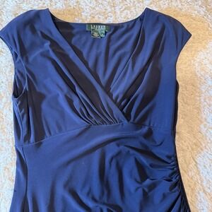 Womens Ralph Lauren Navy Blue Ruched Short Sleeve Sheath Dress Size 6